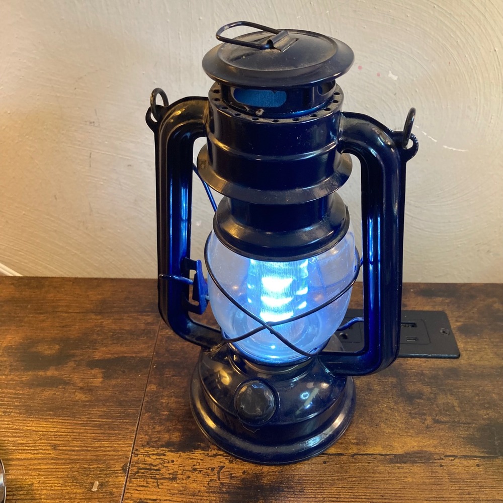 Vtg Blue Metal Hurricane Lantern Battery Powered 9" Lamp Railroad Hanging Globe